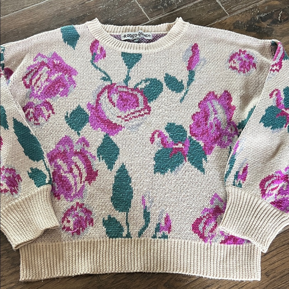 Rodeo Quincy- Large- Floral Knit Sweater - Cream and Pink